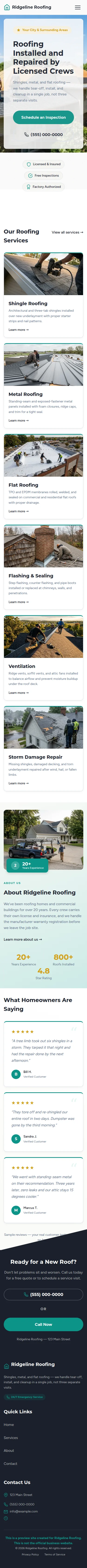 Mobile website scrolling through a roofing companies site